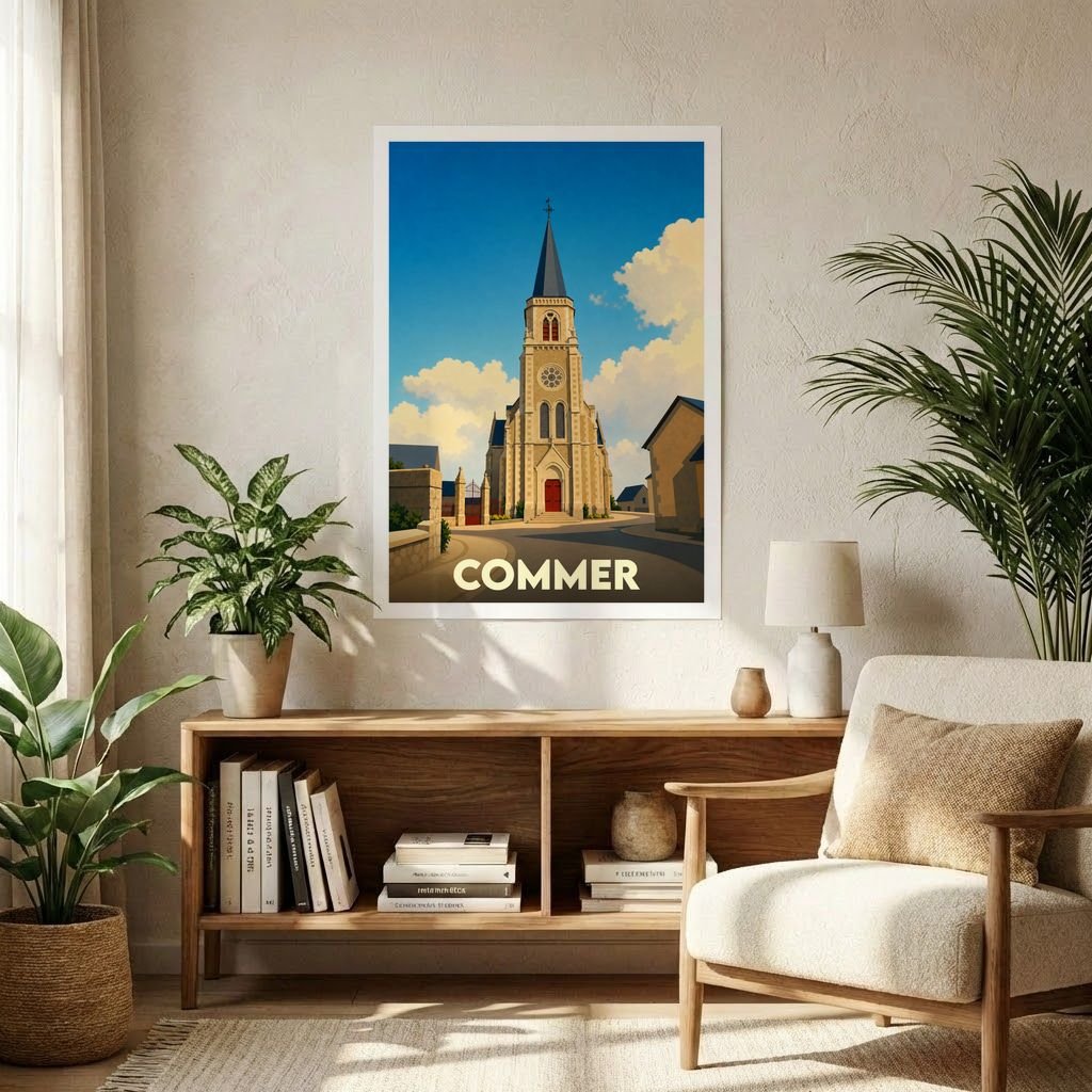 Affiche souvenir de la ville de Commer avec une illustration stylisée de son église sous un ciel azur.