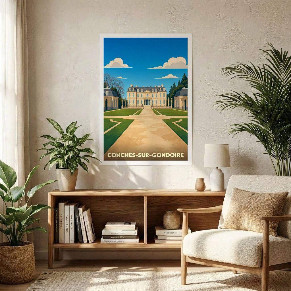 Affiche souvenir de la ville de Conches-sur-Gondoire avec une illustration stylisée de son château et de ses jardins.