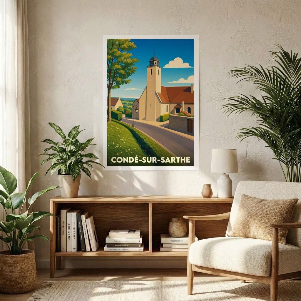Affiche souvenir de la ville de Condé-sur-Sarthe avec une illustration stylisée d'un clocher.