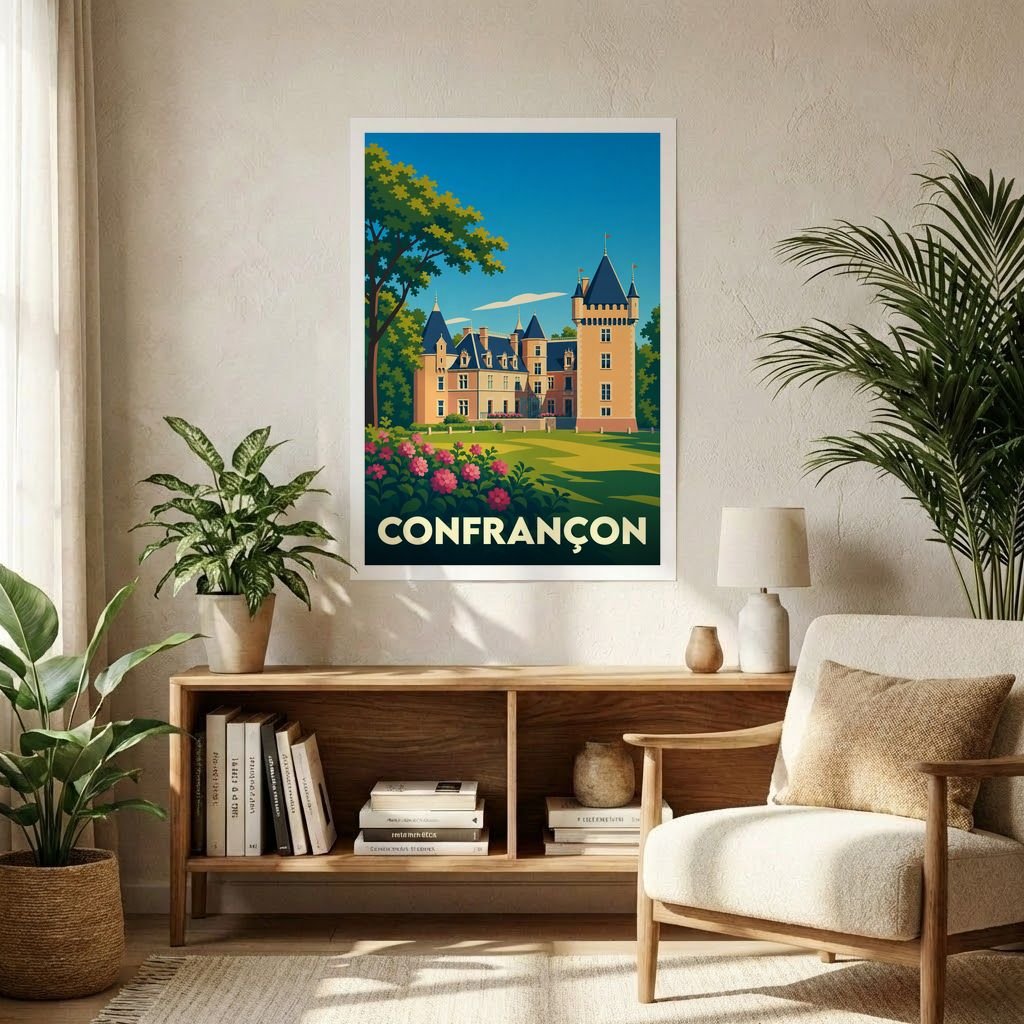 Affiche souvenir de la ville de Confrançon avec une illustration stylisée d'un château.