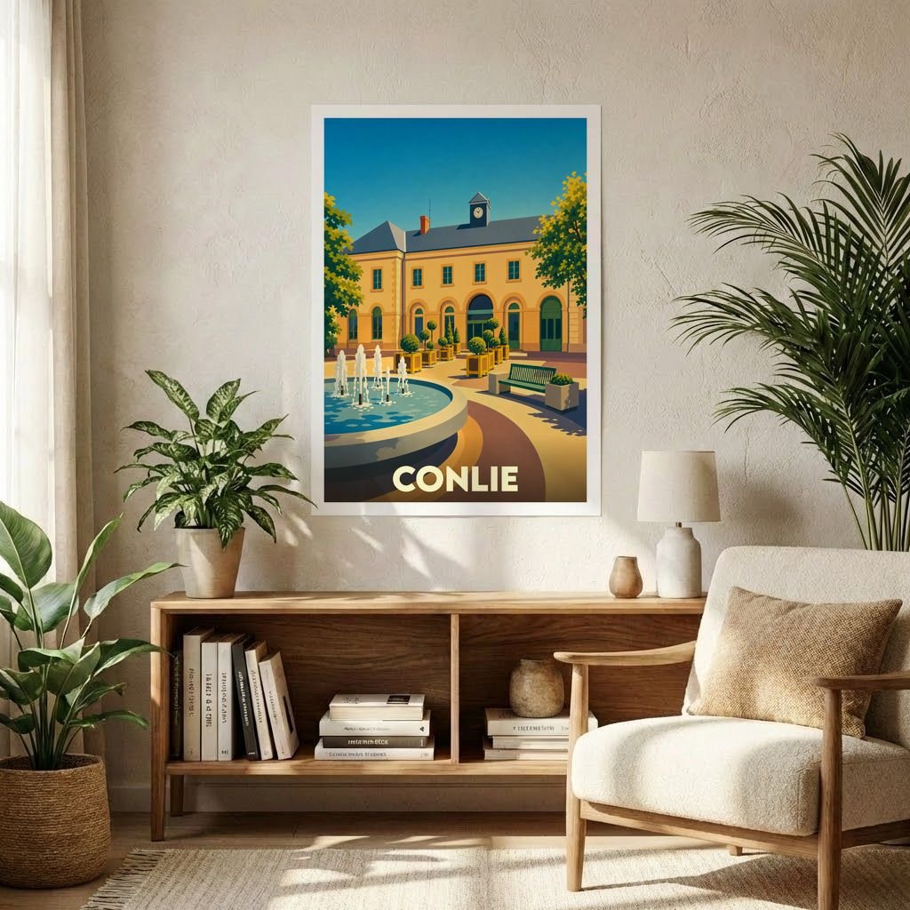 Affiche souvenir de la ville de Conlie avec une illustration stylisée représentant sa place centrale et sa fontaine.