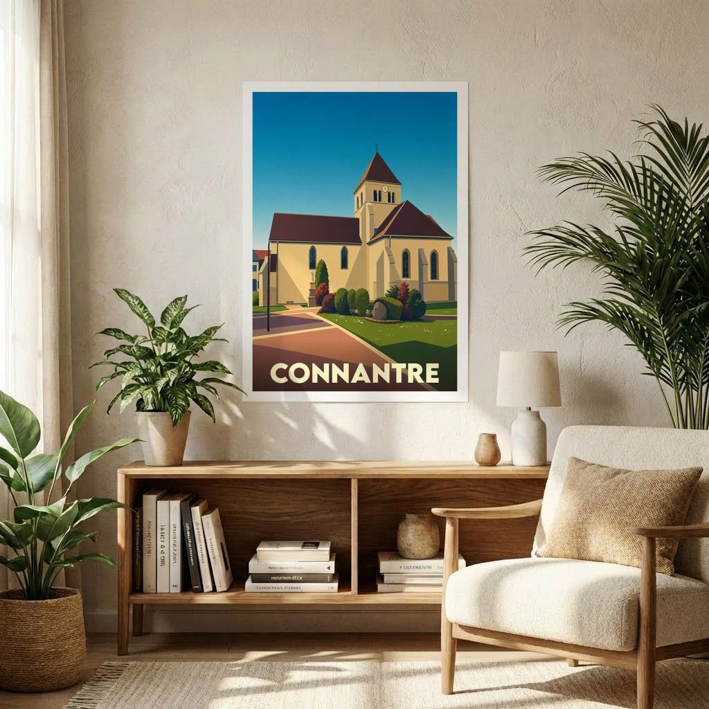 Affiche souvenir de la ville de Connantre avec une illustration stylisée de son église.