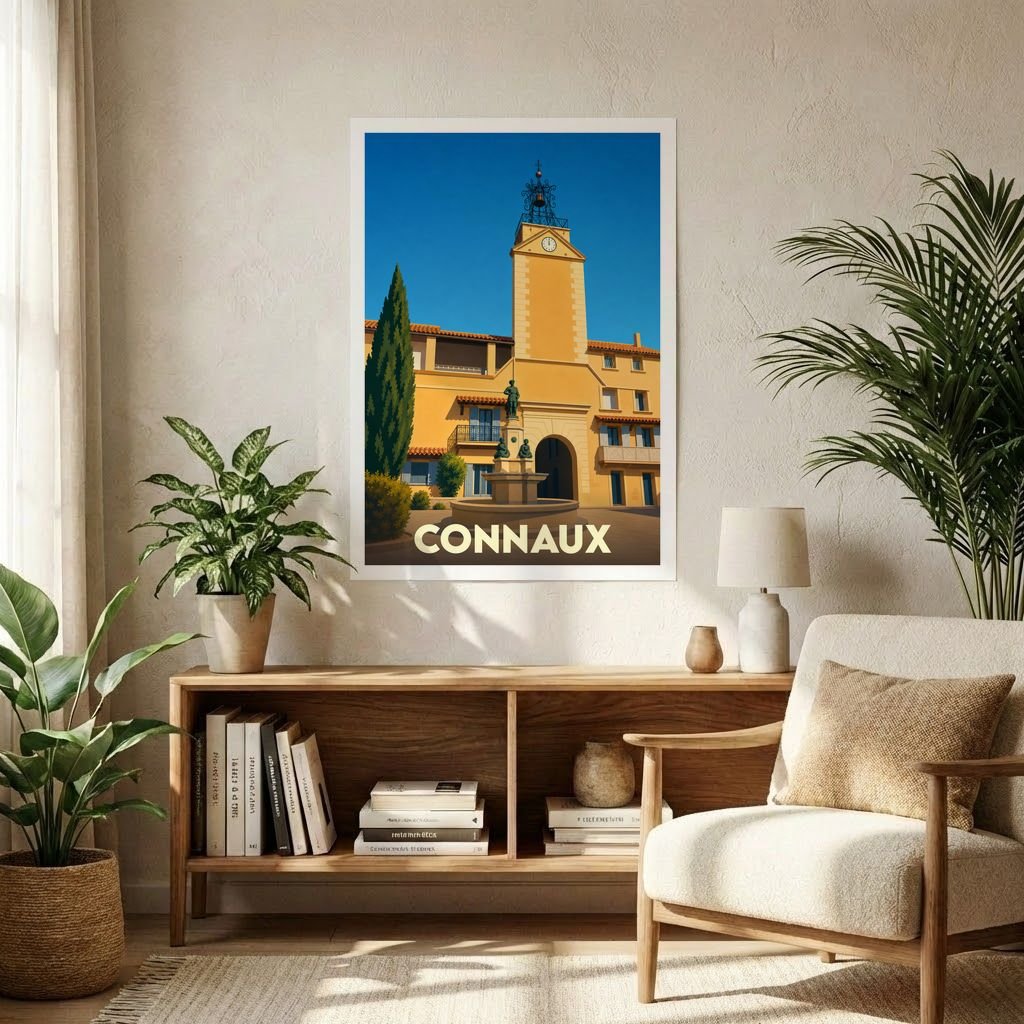 Affiche souvenir de la ville de Connaux présentant une illustration stylisée de sa tour de l'horloge et de sa place centrale.