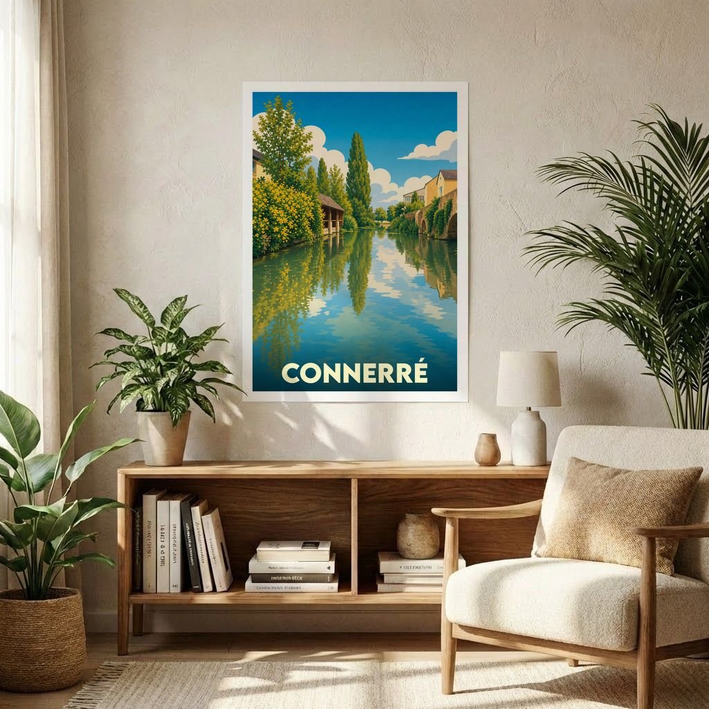 Affiche souvenir de la ville de Connerré avec une illustration stylisée d'un canal bordé de verdure.