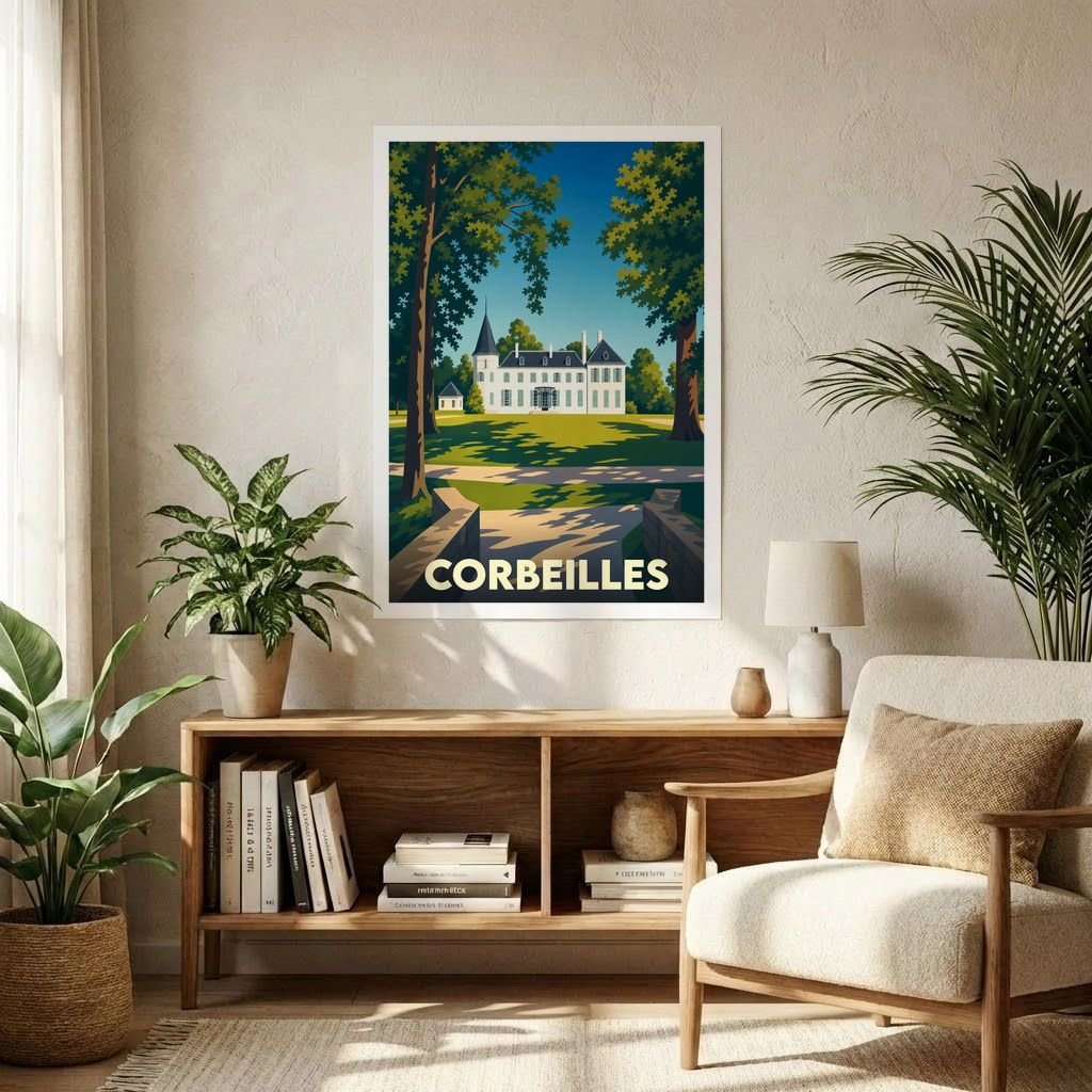 Affiche souvenir de la ville de Corbeilles illustrant un château entouré de verdure dans un style vintage.