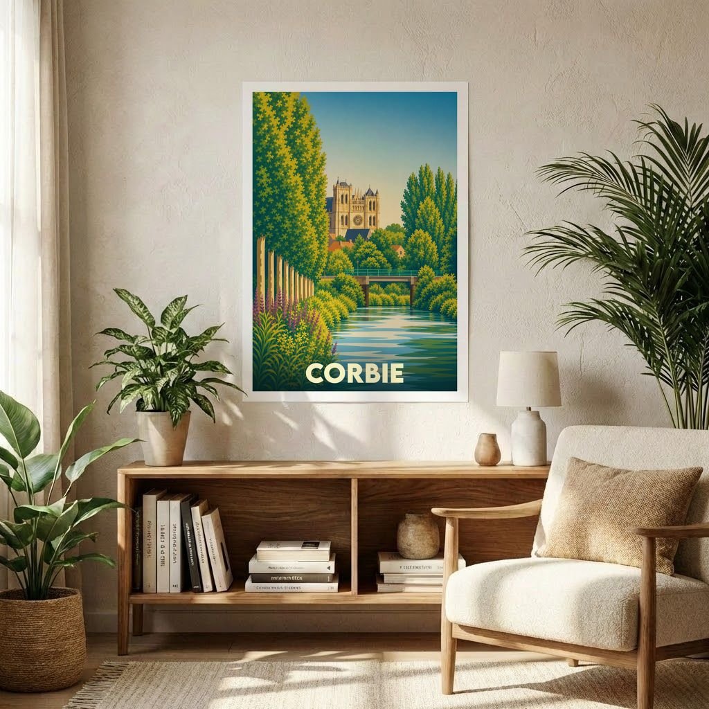Affiche souvenir de la ville de Corbie avec une illustration stylisée représentant son abbaye et la Somme.