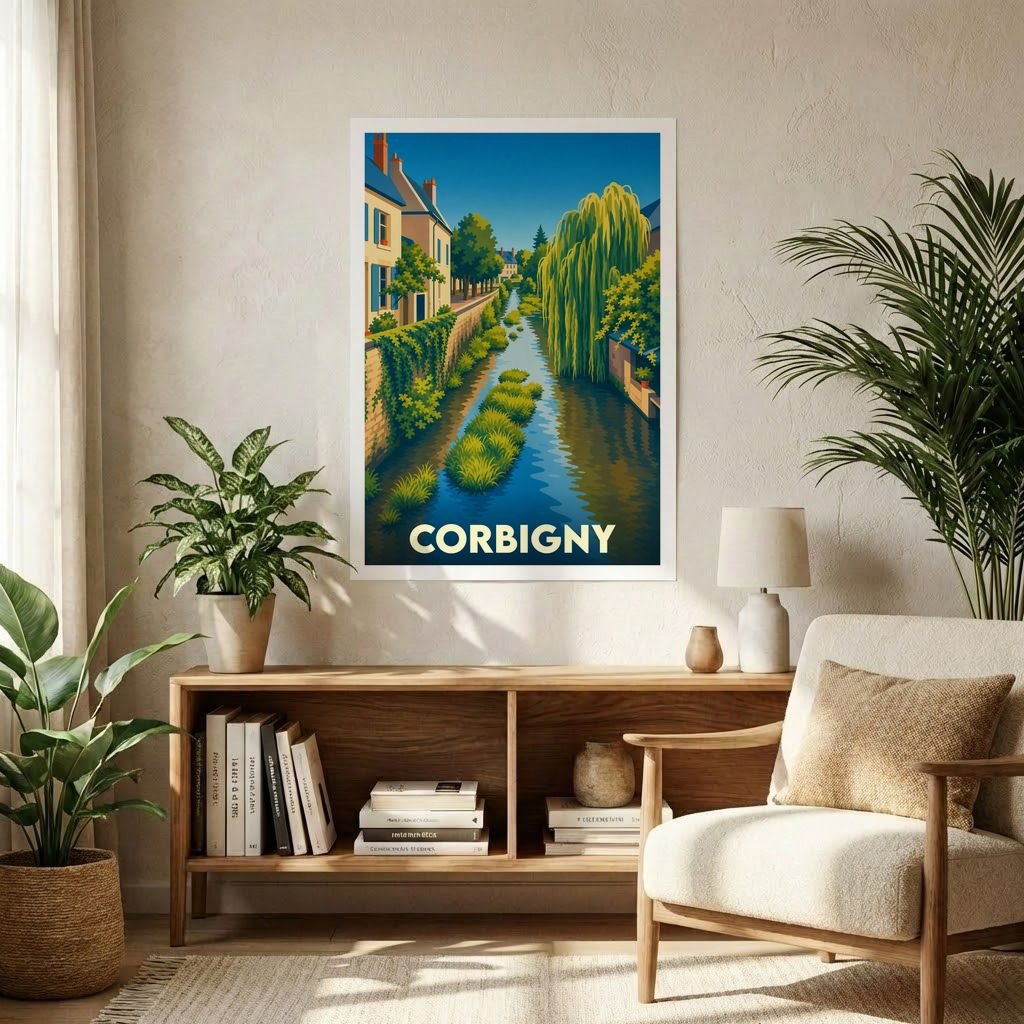 Affiche souvenir de la ville de Corbigny avec une illustration stylisée d'un canal bordé de maisons et de saules pleureurs.