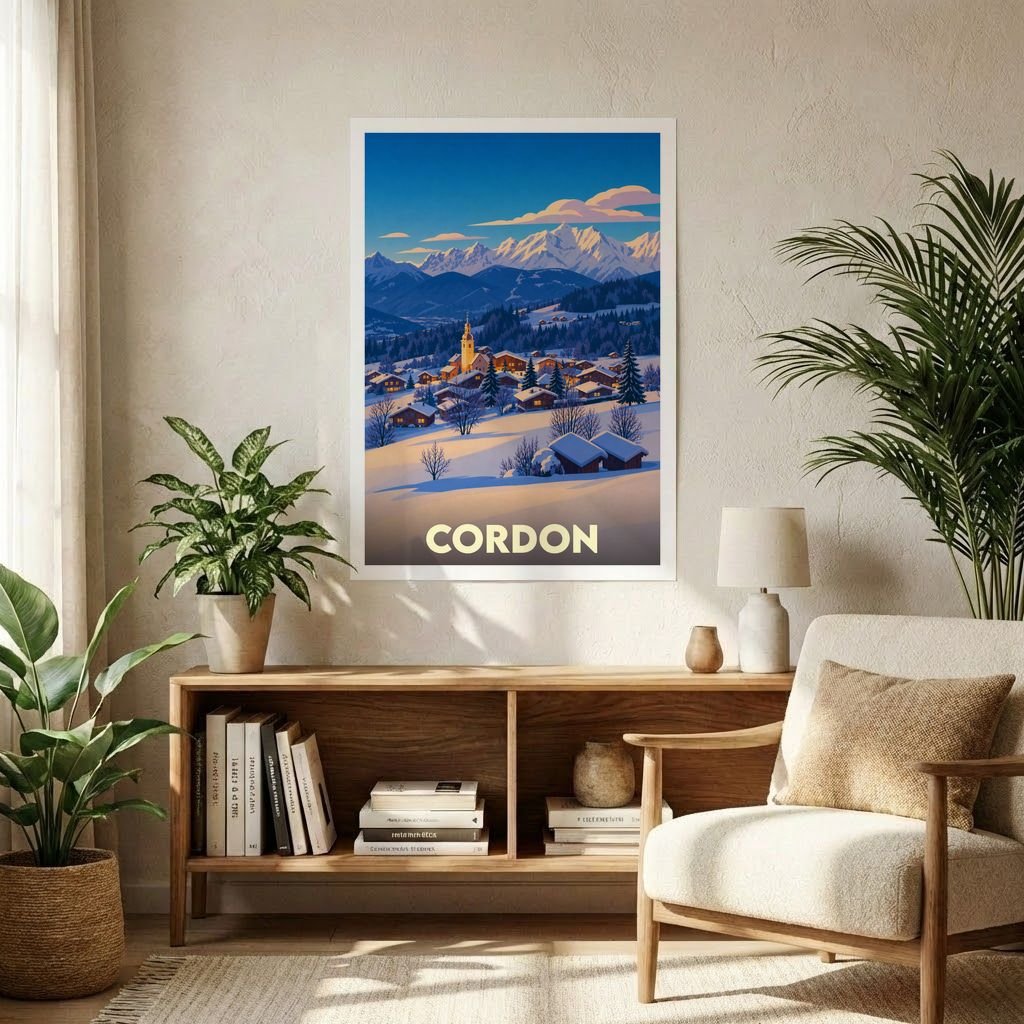 Affiche souvenir de la ville de Cordon illustrant un village de montagne enneigé au style vintage.