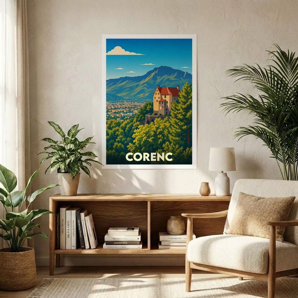 Affiche souvenir de la ville de Corenc avec une illustration stylisée de style vintage.