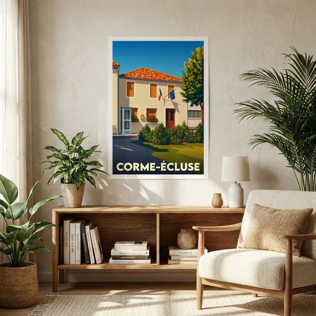 Affiche souvenir de la ville de Corme-Écluse avec une illustration stylisée d'une mairie française.