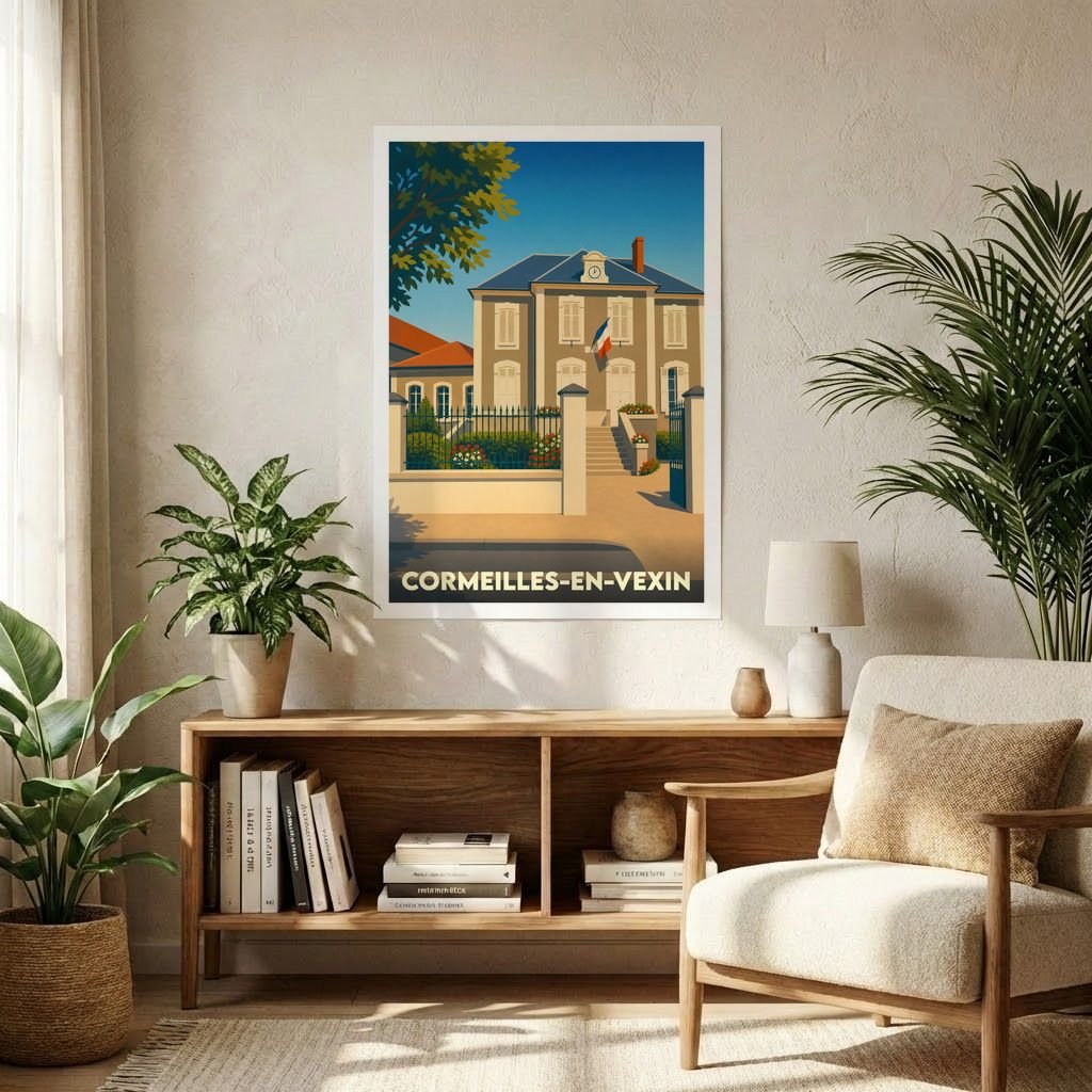 Affiche souvenir de la ville de Cormeilles-en-Vexin avec une illustration stylisée de sa mairie.