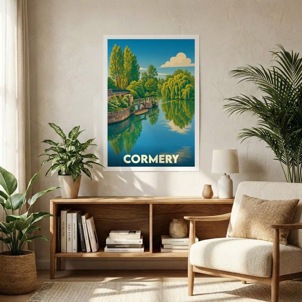 Affiche souvenir de la ville de Cormery représentant un paysage fluvial paisible avec une illustration graphique colorée.