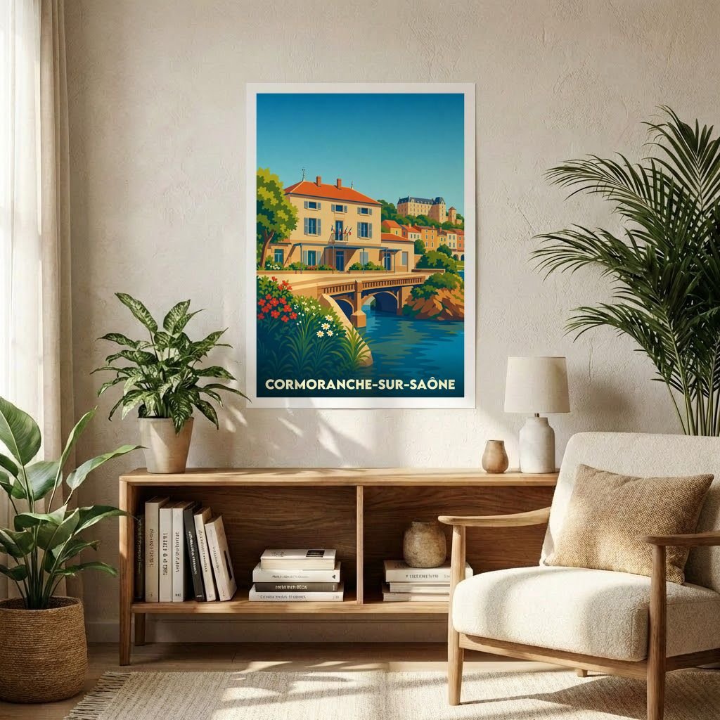 Affiche souvenir de la ville de Cormoranche-sur-Saône avec une illustration stylisée.
