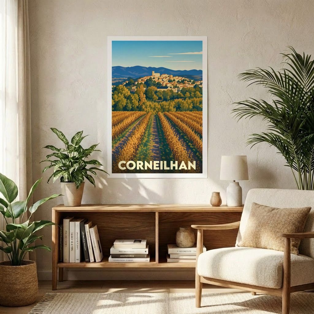 Affiche souvenir de la ville de Corneilhan avec une illustration stylisée de son paysage et de ses vignobles.