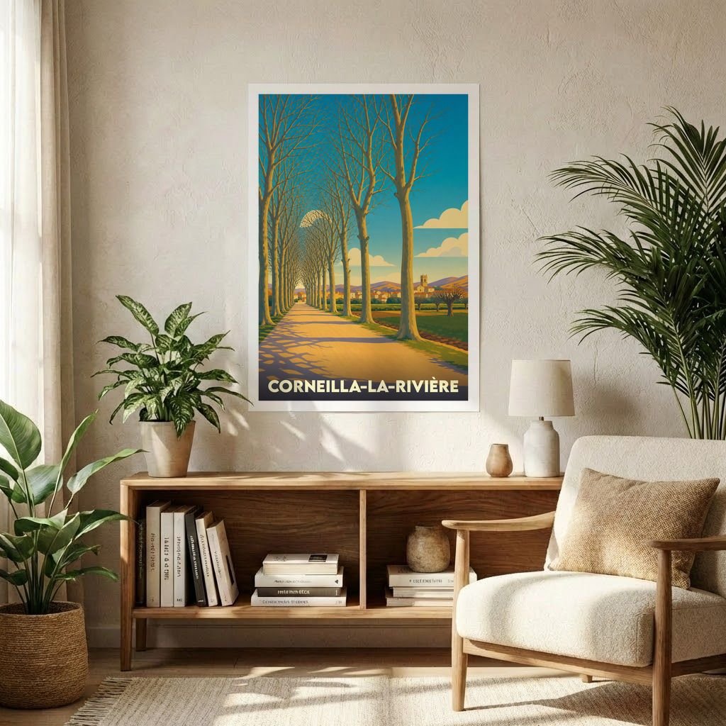 Affiche souvenir de la ville de Corneilla-la-Rivière avec une illustration stylisée d'une allée d'arbres.