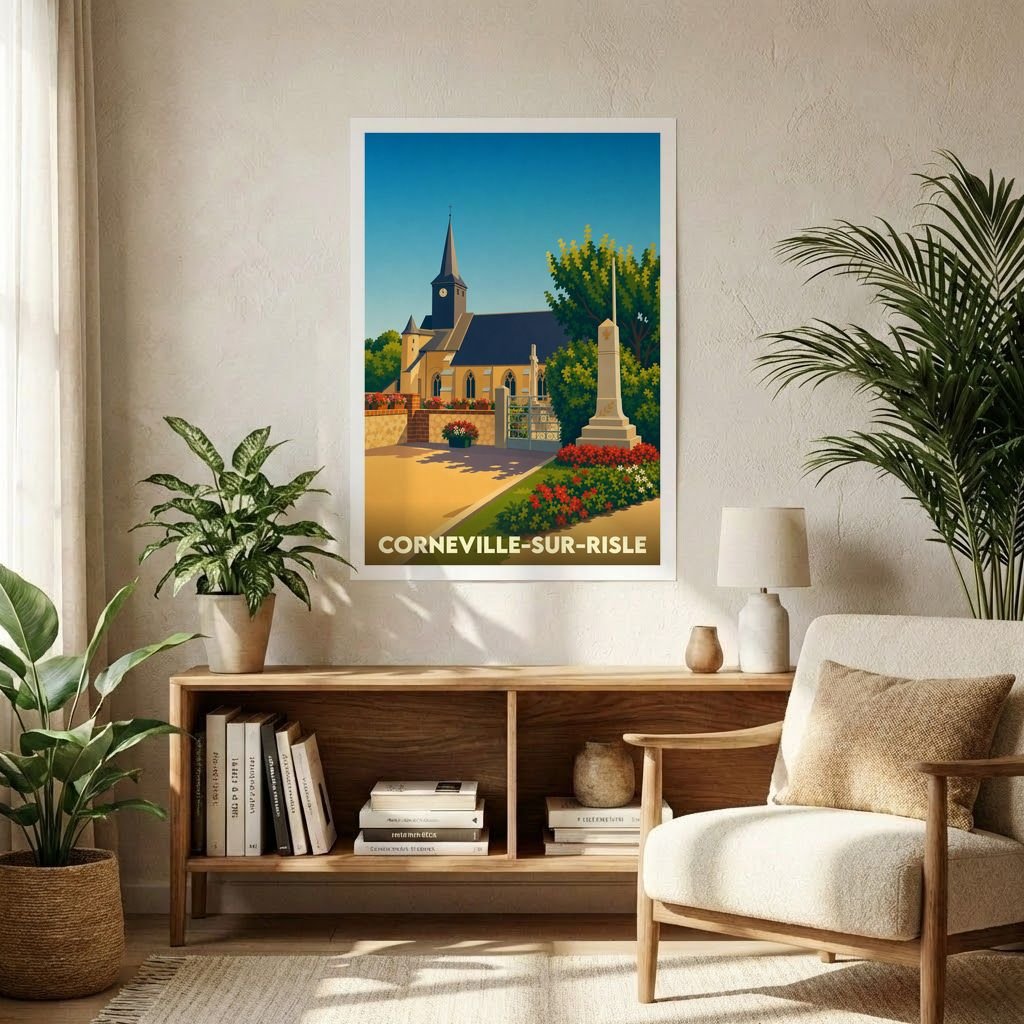Affiche souvenir de la ville de Corneville-sur-Risle avec une illustration stylisée de son église et d'un monument historique.
