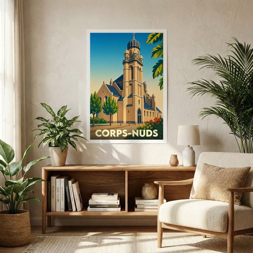 Affiche souvenir de la ville de Corps-Nuds avec une illustration stylisée de son église emblématique.