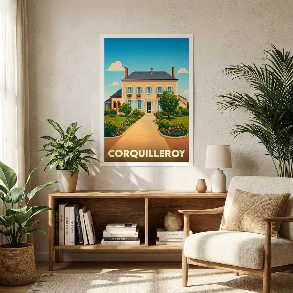 Affiche souvenir de la ville de Corquilleroy avec une illustration stylisée d'une maison de maître et son jardin.