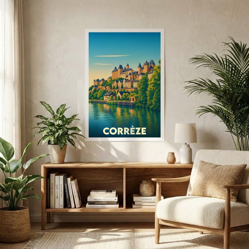 Affiche souvenir de la ville de Corrèze avec une illustration stylisée d'un village médiéval au bord de l'eau.