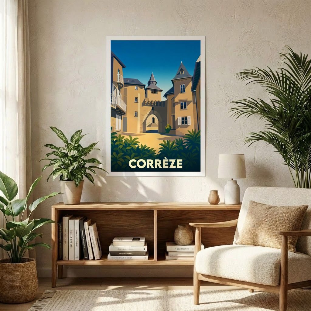 Affiche souvenir de la ville de Corrèze présentant une illustration stylisée d'un village médiéval sous un ciel bleu.