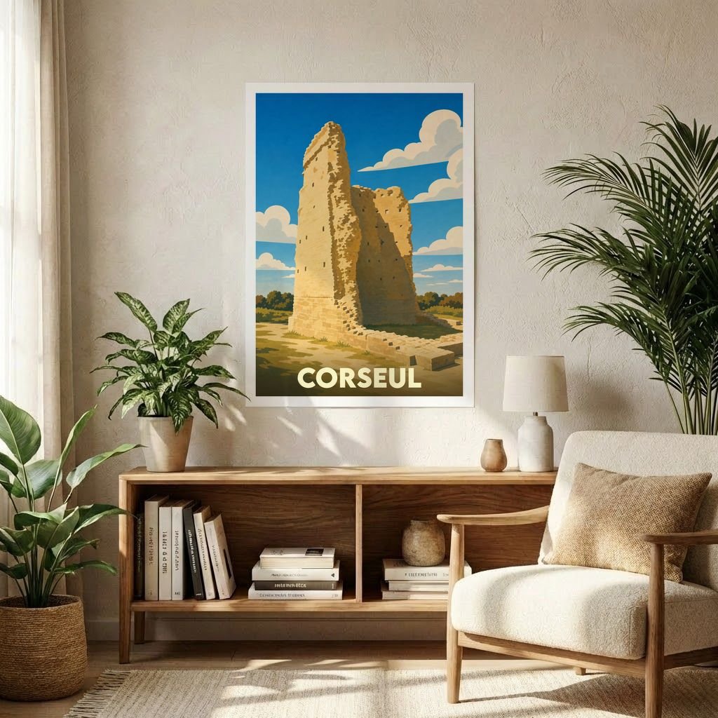 Affiche souvenir de la ville de Corseul représentant une illustration stylisée des ruines du temple de Mars.