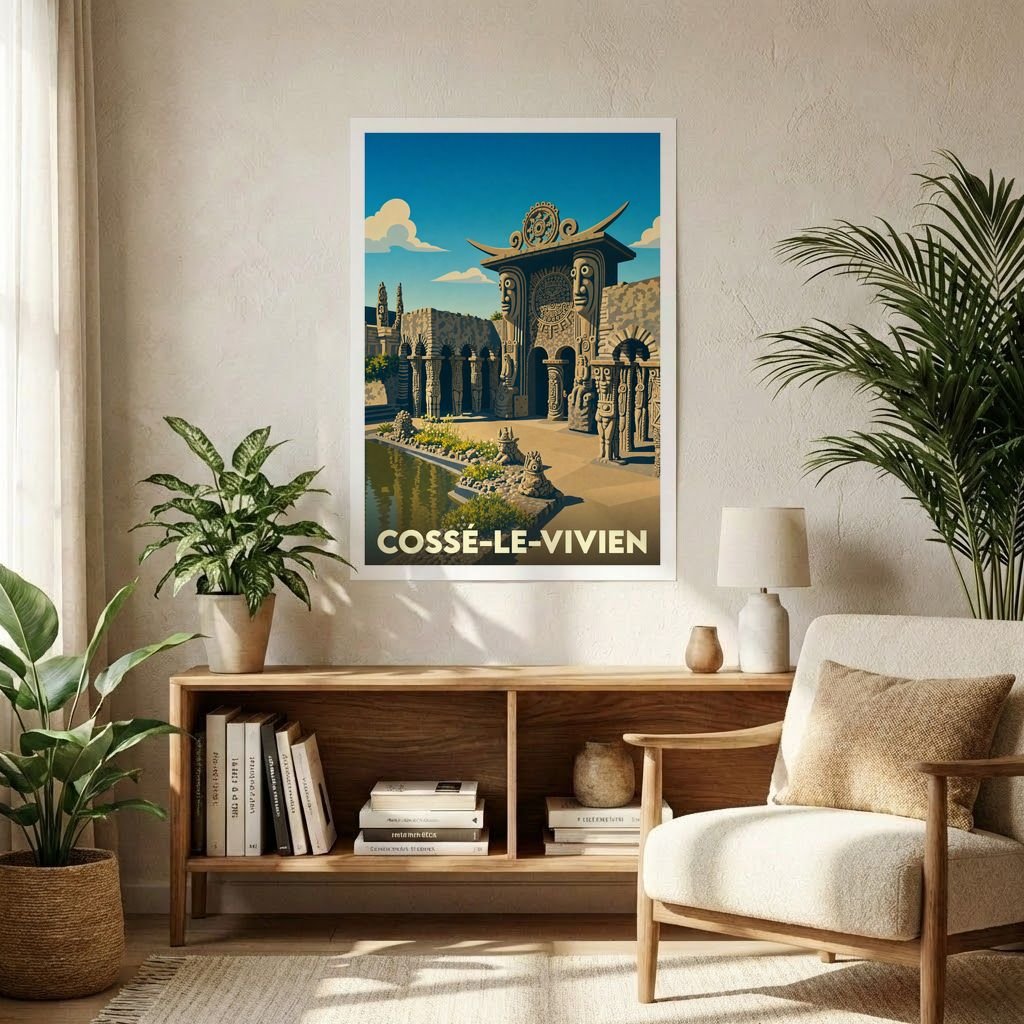 Affiche souvenir de la ville de Cossé-le-Vivien représentant le Musée Robert Tatin dans un style graphique rétro.
