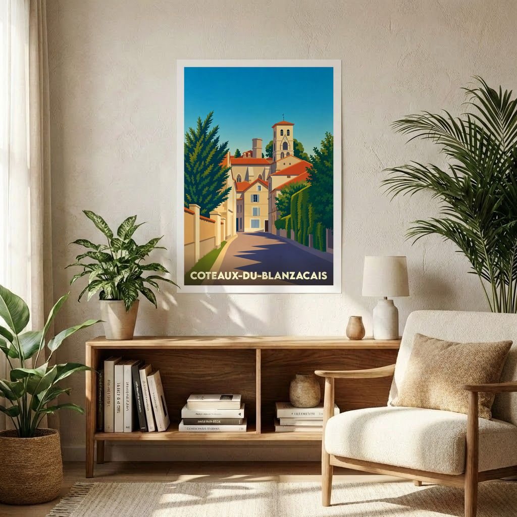 Affiche souvenir de la ville de Coteaux-du-Blanzacais représentant une rue pittoresque avec une église dans un style graphique épuré.
