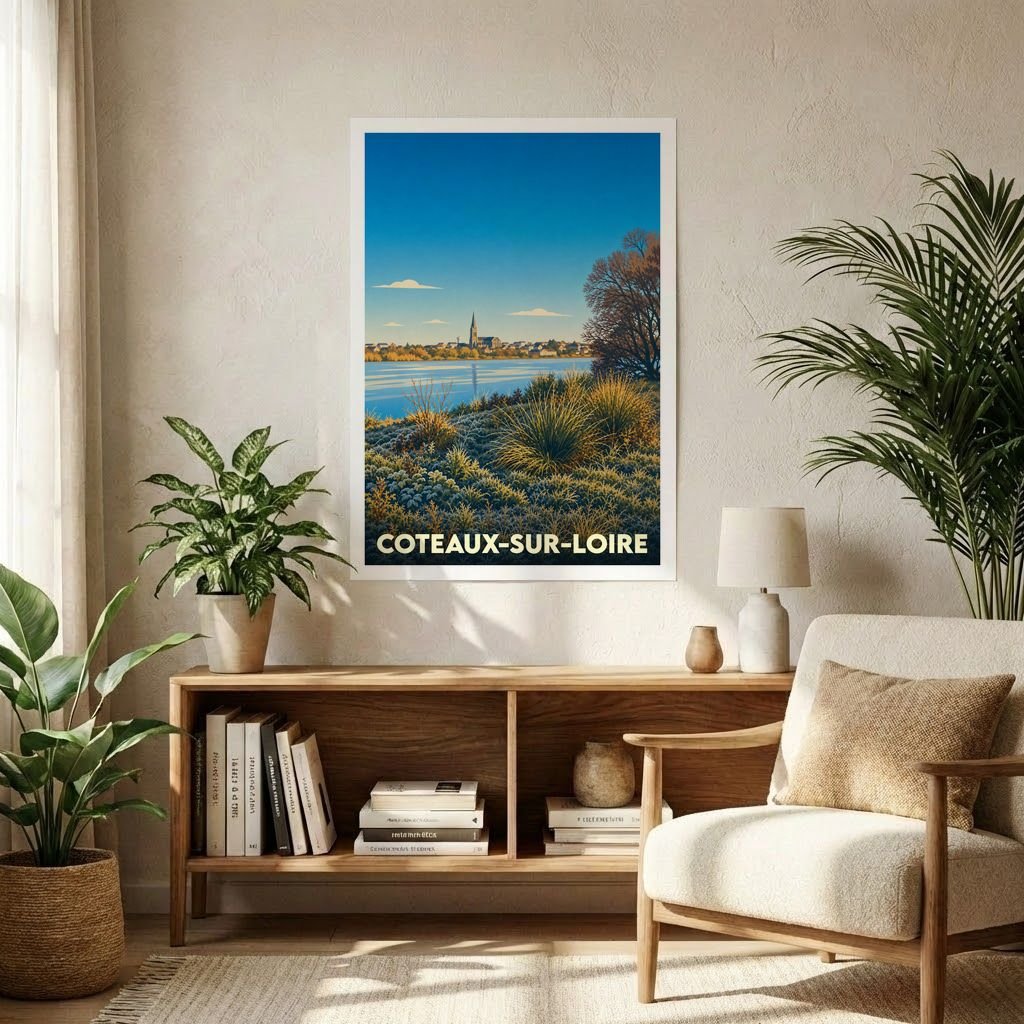 Affiche souvenir de la ville de Coteaux-sur-Loire avec une illustration stylisée d'un paysage de bord de Loire au lever du soleil.