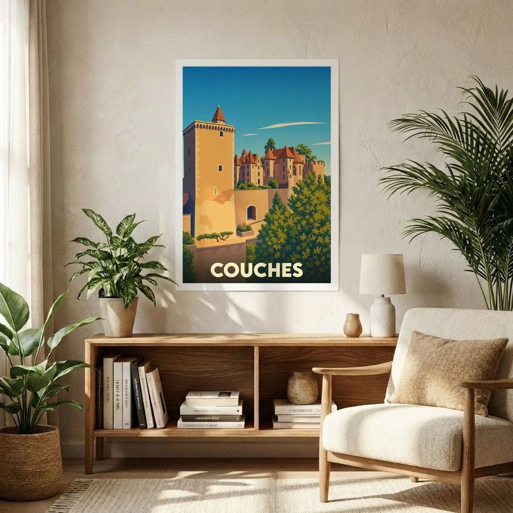 Affiche souvenir de la ville de Couches avec une illustration stylisée de son château médiéval.