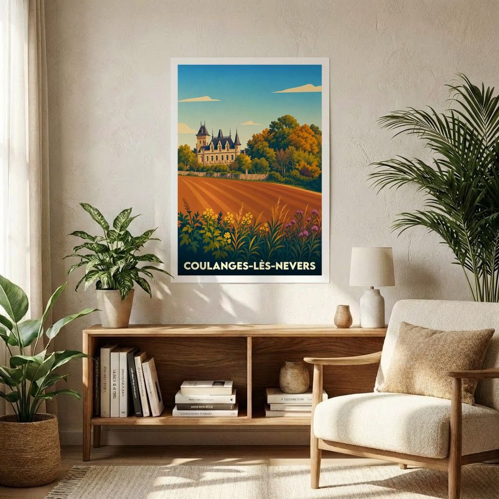 Affiche souvenir de la ville de Coulanges-lès-Nevers avec une illustration stylisée d'un château et de paysages ruraux.