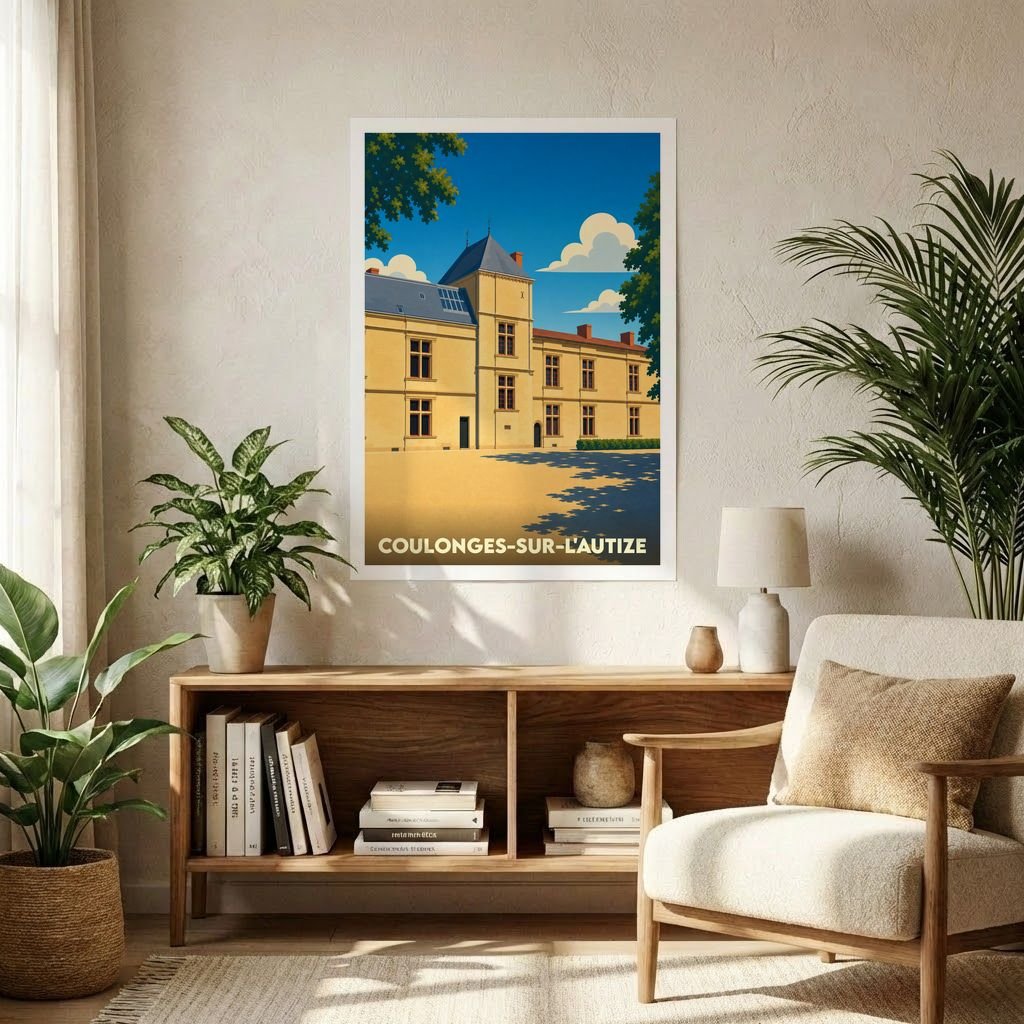 Affiche souvenir de la ville de Coulonges-sur-l'Autize avec une illustration stylisée de son château.
