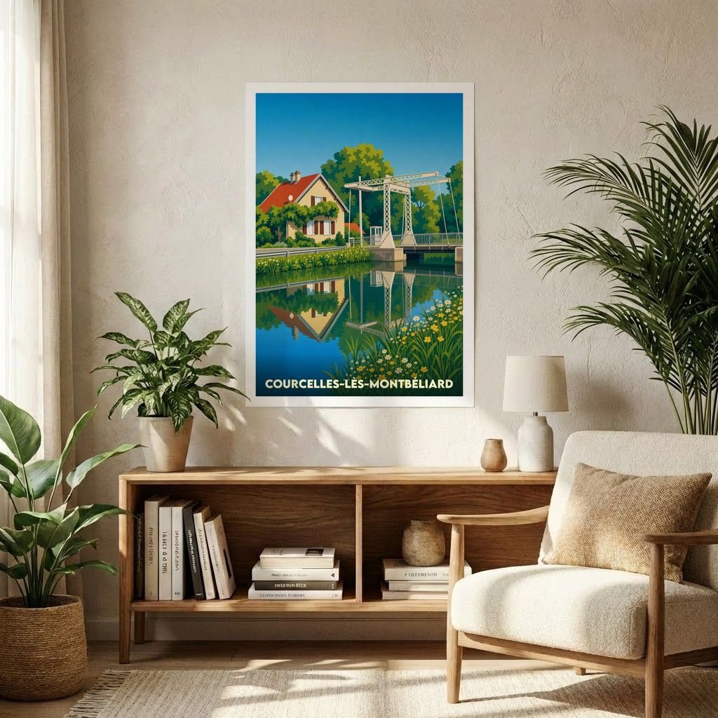 Affiche souvenir de la ville de Courcelles-lès-Montbéliard avec une illustration stylisée d'un pont et son reflet dans l'eau.
