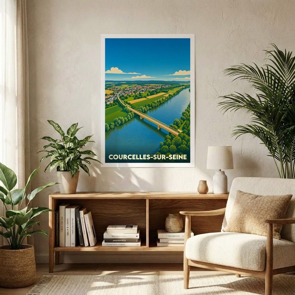 Affiche souvenir de la ville de Courcelles-sur-Seine avec une illustration stylisée d'un pont enjambant la Seine.