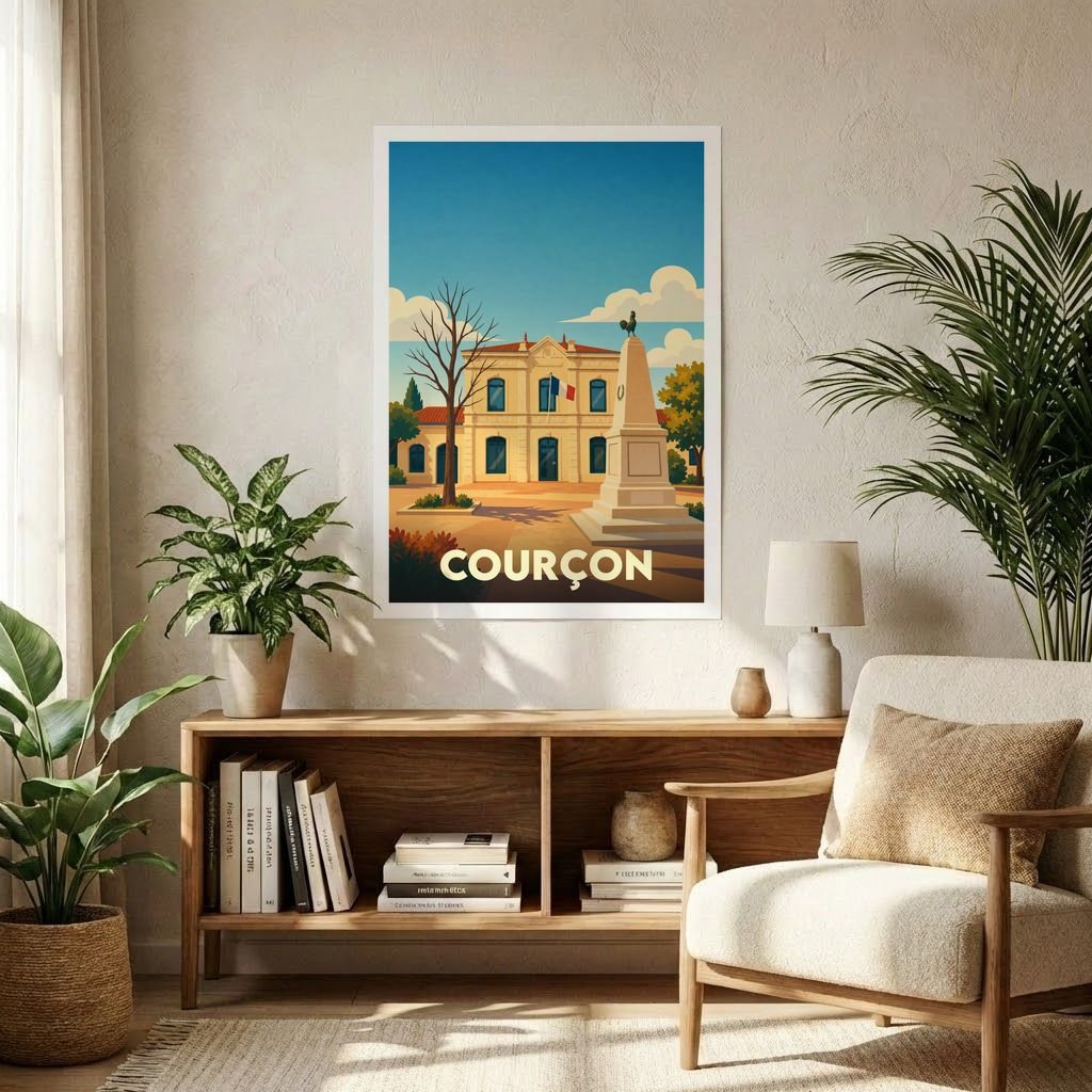 Affiche souvenir de la ville de Courçon avec une illustration stylisée de sa mairie et de son monument aux morts.