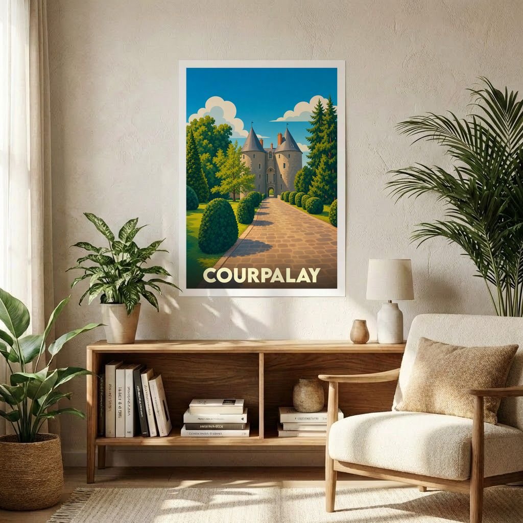 Affiche souvenir de la ville de Courpalay avec une illustration stylisée d'un château.