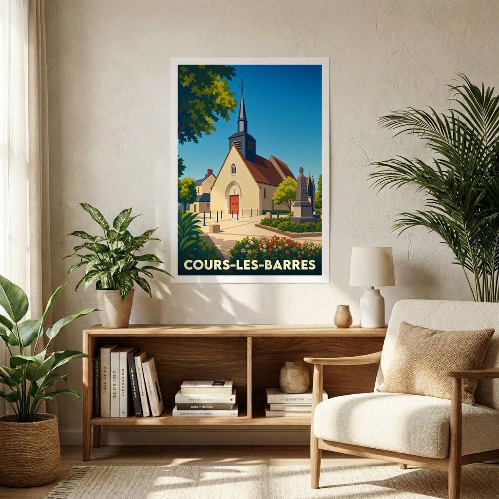 Affiche souvenir de la ville de Cours-les-Barres avec une illustration stylisée de son église.