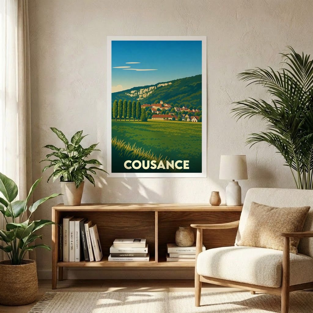 Affiche souvenir de la ville de Cousance avec une illustration paysagère stylisée.