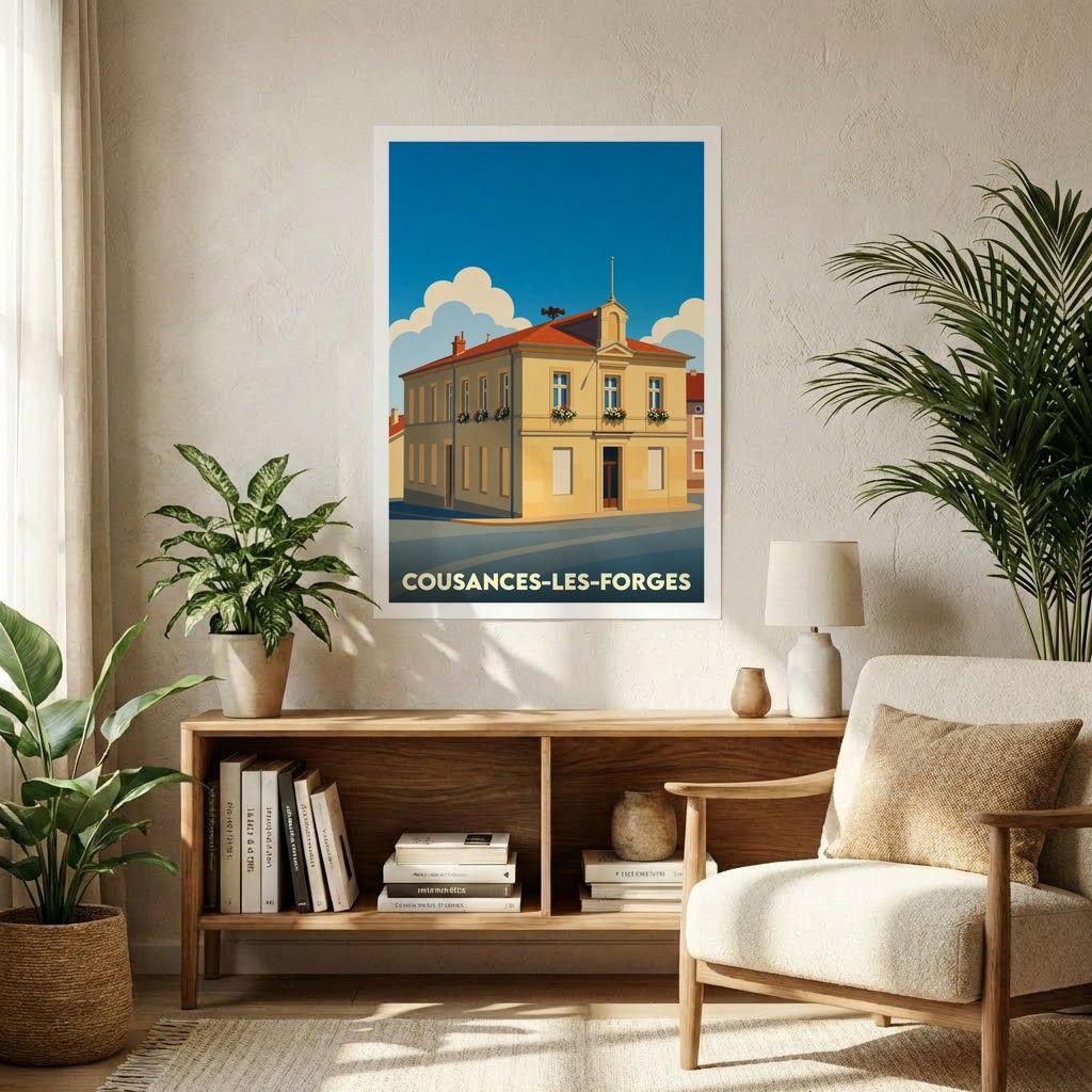 Affiche souvenir de la ville de Cousances-les-Forges avec une illustration stylisée de sa mairie.