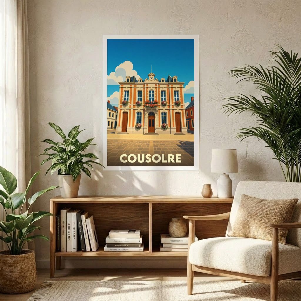 Affiche souvenir de la ville de Cousolre avec une illustration stylisée de son hôtel de ville.