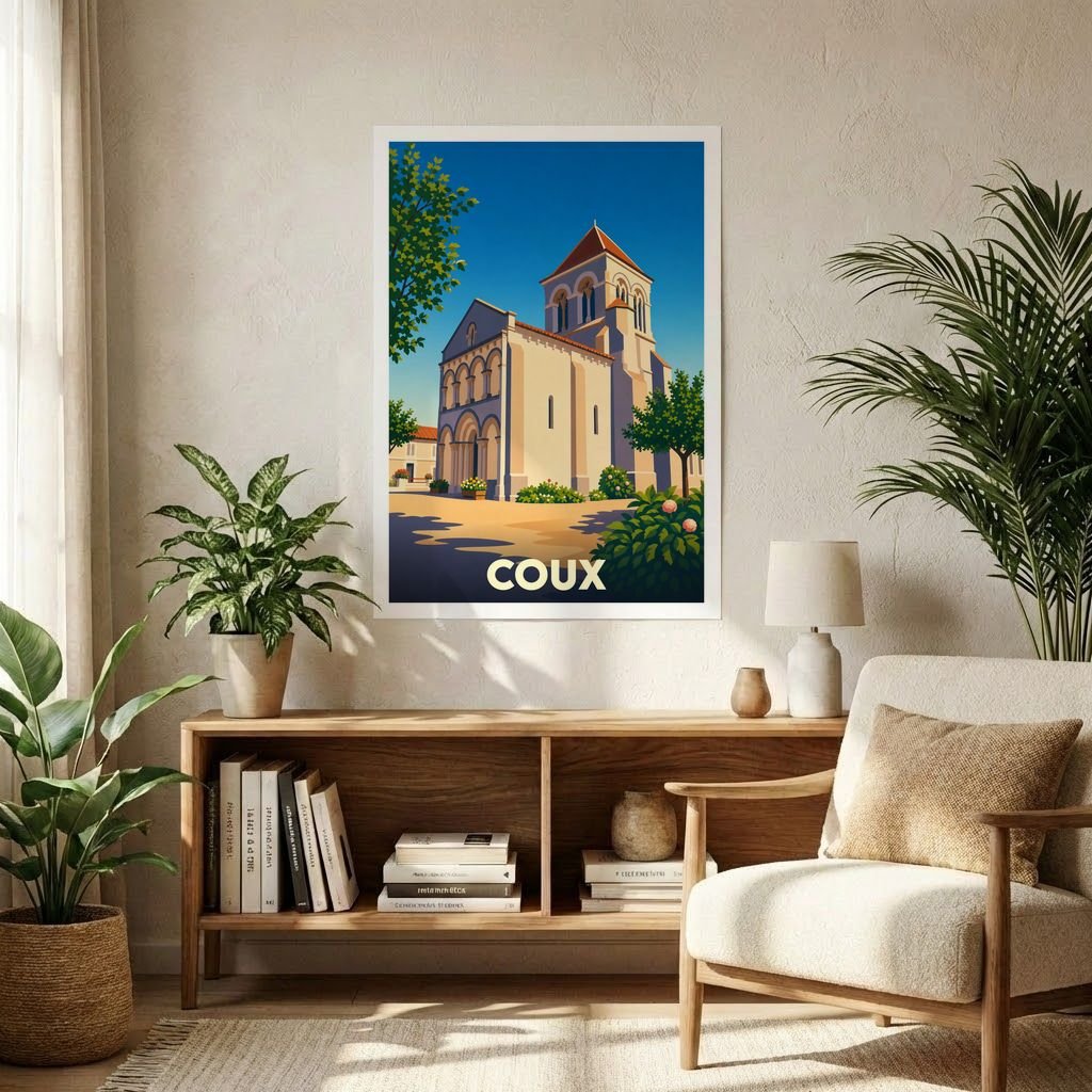 Affiche souvenir de la ville de Coux avec une illustration stylisée d'une église sous un ciel bleu.