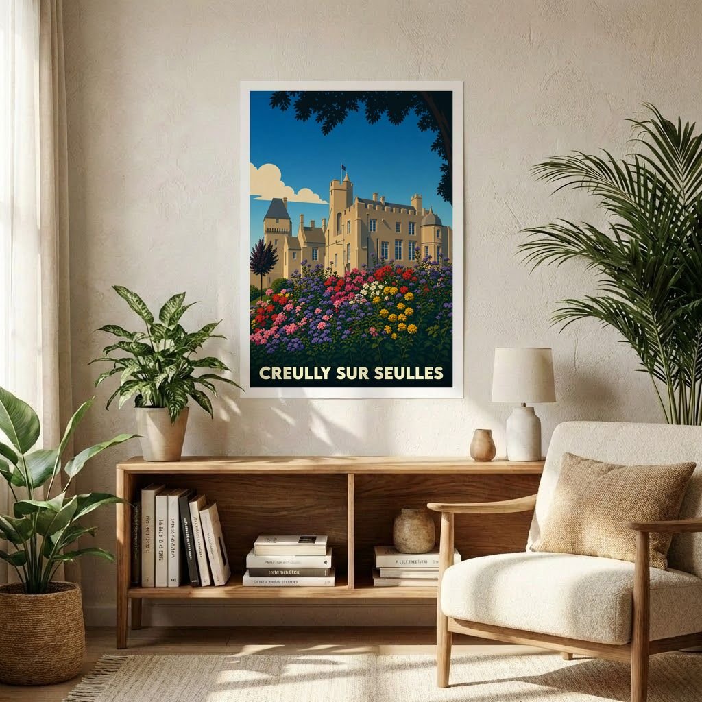Affiche souvenir de la ville de Creully sur Seulles avec une illustration stylisée de son château et de jardins fleuris.