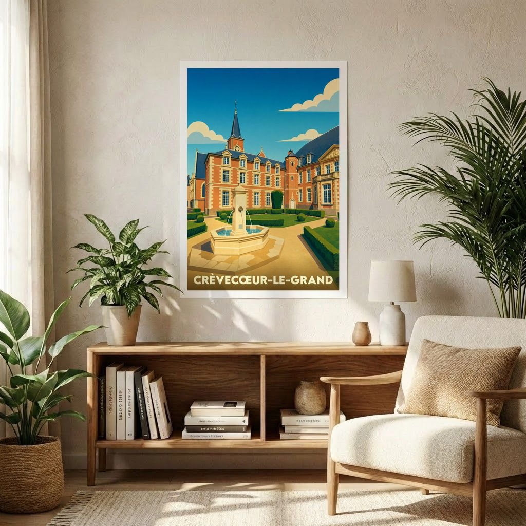 Affiche souvenir de la ville de Crèvecœur-le-Grand avec une illustration stylisée de son château et d'une fontaine.