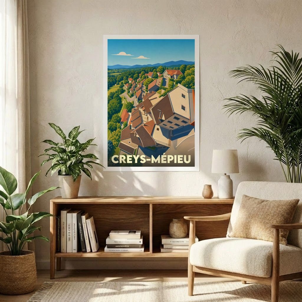 Affiche souvenir de la ville de Creys-Mépieu représentant un paysage de village vallonné dans un style illustré.
