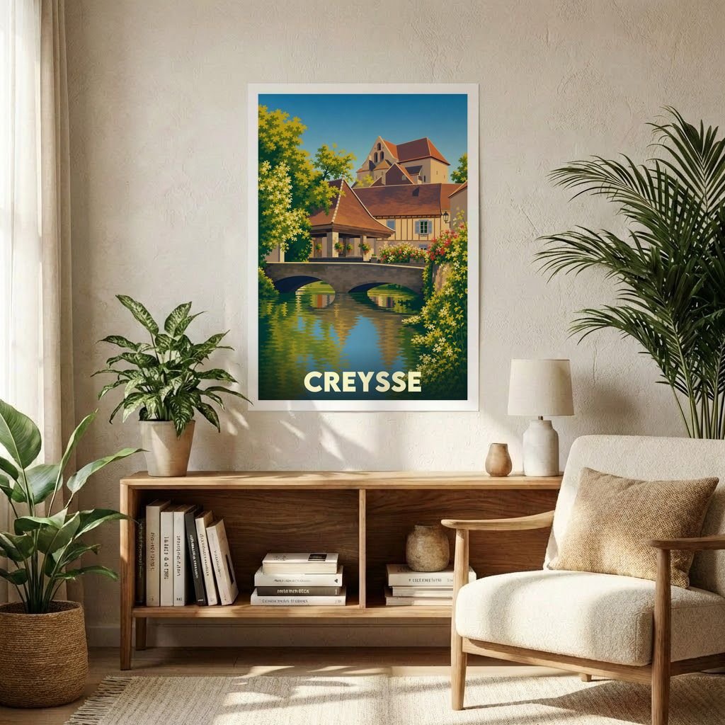 Affiche souvenir de la ville de Creysse avec une illustration stylisée et colorée.