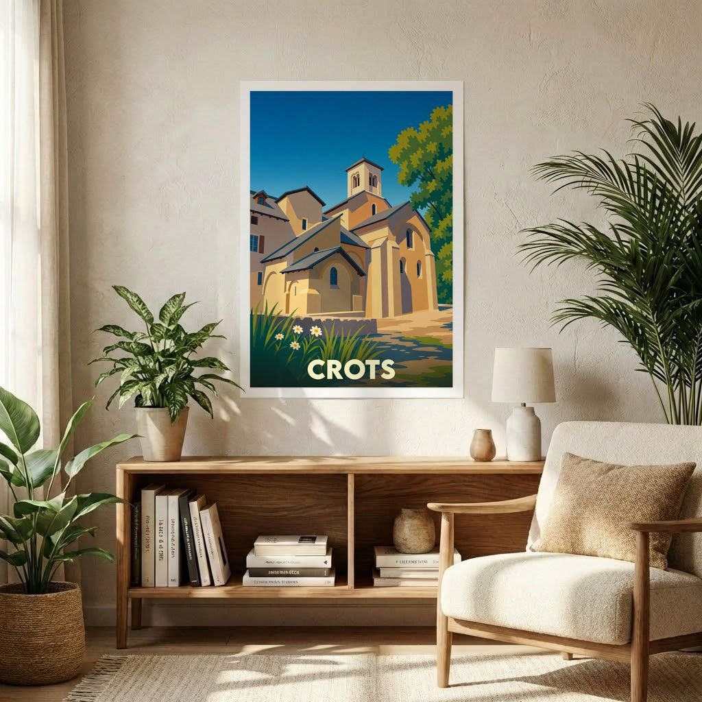 Affiche souvenir de la ville de Crots illustrant une église de village dans un style graphique épuré.