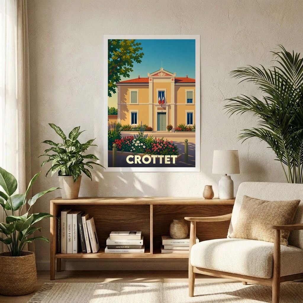 Affiche souvenir de la ville de Crottet avec une illustration stylisée d'un bâtiment municipal fleuri.
