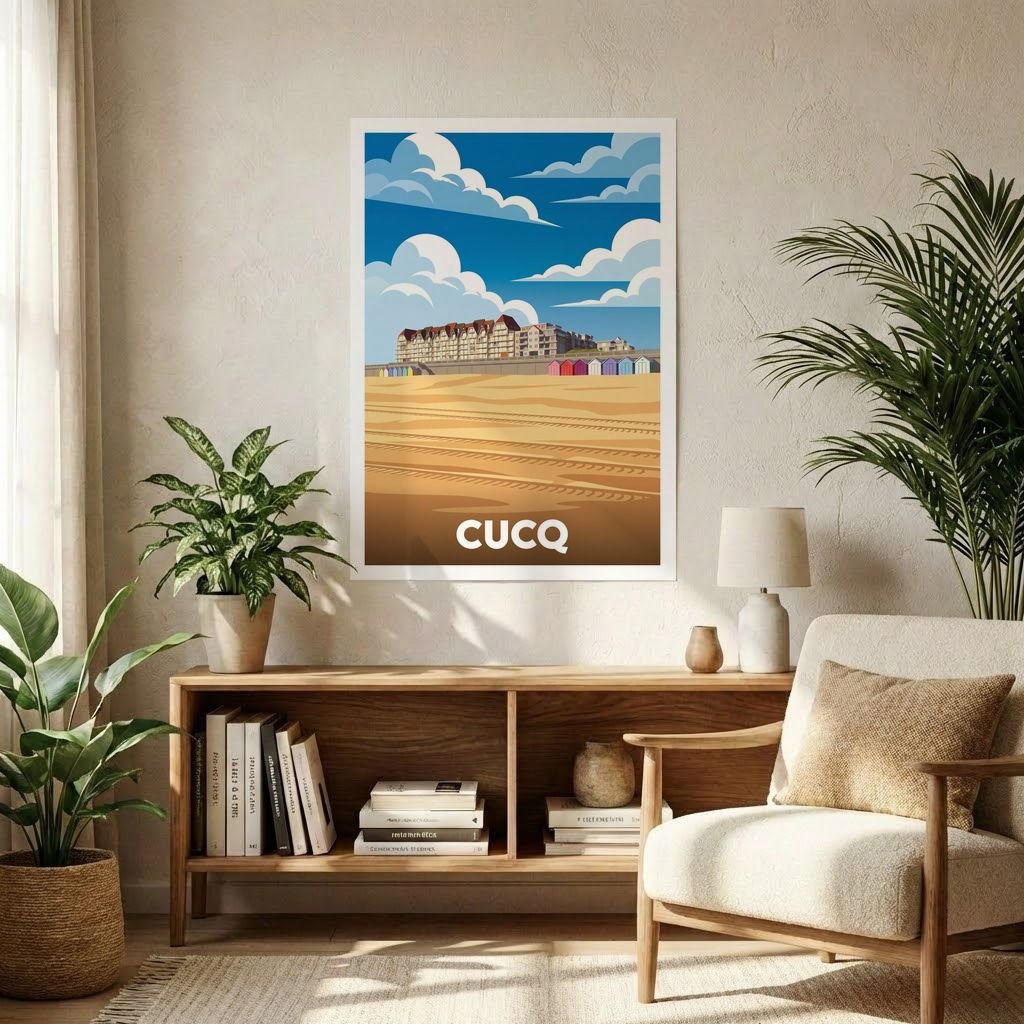 Affiche souvenir de la ville de Cucq avec une illustration stylisée de son front de mer.