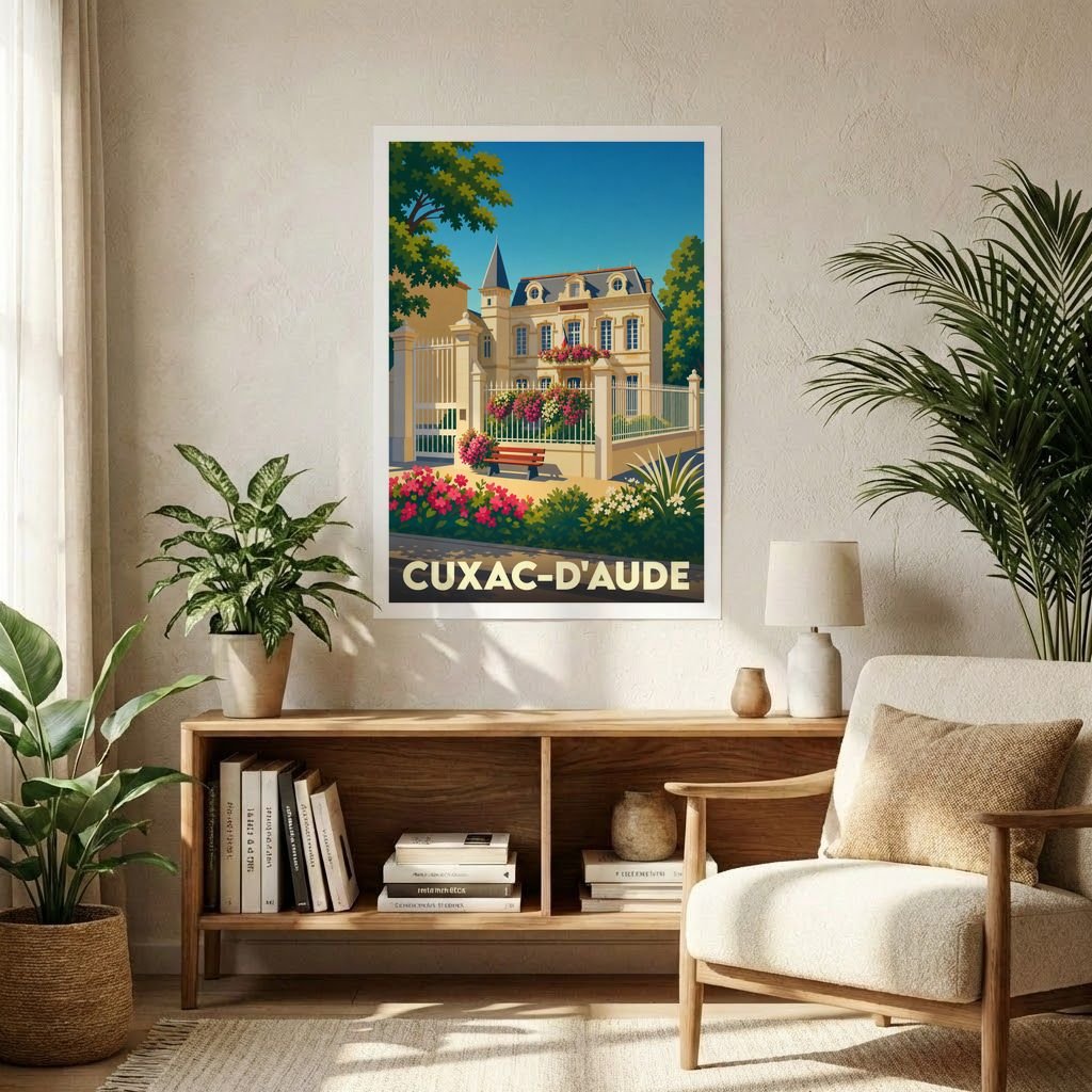 Affiche souvenir de la ville de Cuxac-d'Aude avec une illustration stylisée d'une maison de maître fleurie.