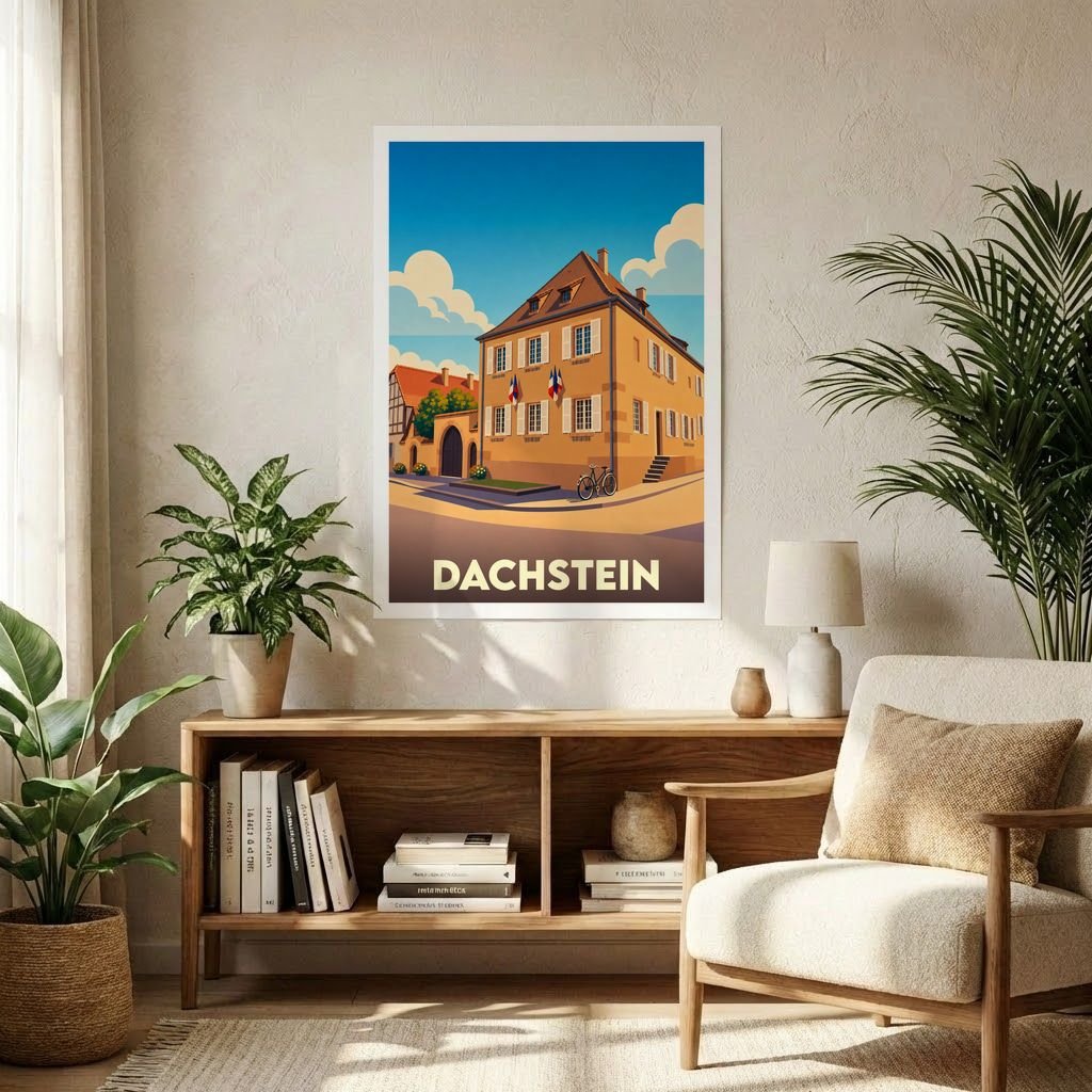 Affiche souvenir de la ville de Dachstein avec une illustration stylisée et colorée de son architecture.
