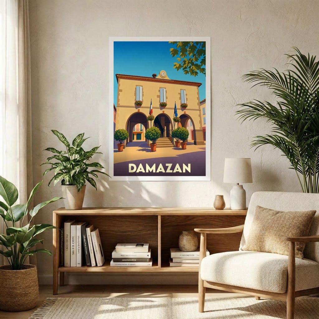 Affiche souvenir de la ville de Damazan présentant une illustration stylisée de sa mairie dans un cadre de décoration intérieure.